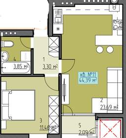 1-комн. новостройки, 44 м<sup>2</sup>, поверх 3/5